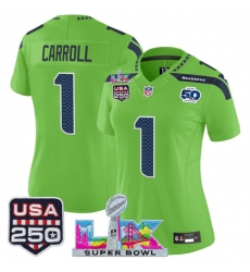 Women Seattle Seahawks 1 Pete Carroll Green 2025 F U S E Super Bowl LX Patch And 50th Season 26 USA 250 27 Patch Vapor Limited Football Stitched Jersey Women Seattle Seahawks 1 Pete Carroll Green 2025 F U S E Super Bowl LX Patch And 50th Season 26 USA 250 27 Patch Vapor Limited Football Stitched Jersey