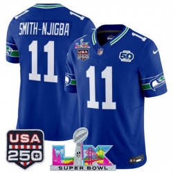 Youth Seattle Seahawks 11 Jaxon Smith Njigba Royal 2025 F U S E  Super Bowl LX Patch And 50th Season  USA 250 Patch Vapor Throwback Limited Stitched Footba