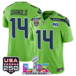 Youth Seattle Seahawks 14 Sam Darnold Green 2025 F U S E  Super Bowl LX Patch And 50th Season  USA 250 Patch Vapor Limited Stitched Football Jersey
