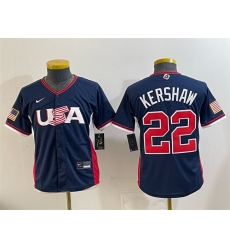 Youth USA Baseball  22 Clayton Kershaw Navy 2026 World Baseball Classic Stadium Stitched Baseball Jersey